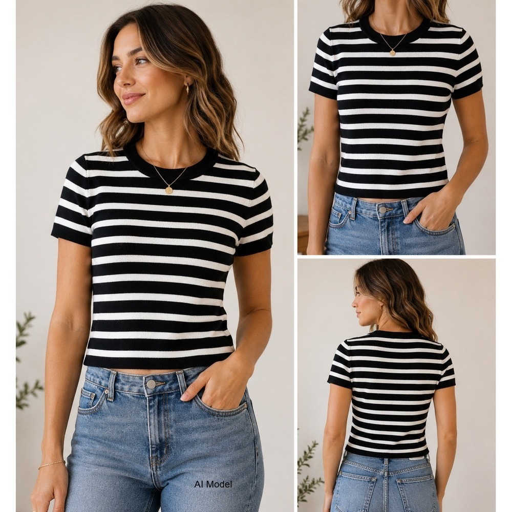 Coastal Striped Knit Sweater Womens Small Altar'd State Black white Stretch